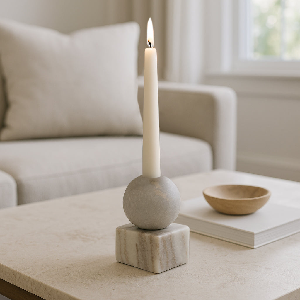 Marble Candle Holder for Taper Candles – Centerpieces for Tables with Spherical Accent and Square Base – Pair With a Pillard Candlestick Holder for Dining Room, Shelf, or Coffee Table – 5" Grey/White