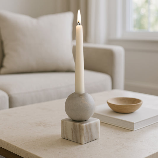 Marble Candle Holder for Taper Candles – Centerpieces for Tables with Spherical Accent and Square Base – Pair With a Pillard Candlestick Holder for Dining Room, Shelf, or Coffee Table – 5" Grey/White