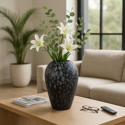 Decorative Large Glass Vase with Abstract Pattern for Living Room Decor - Elegant Flower Vase for Bedroom, Office, or Home Decor - House Decoration for Dining Room Table Accent - 19" Gray & Black