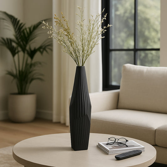 Decorative Asymmetrical Metal Vase for Living Room Decor - Modern Sculptural Flower Vase for House, Office, and Tabletop - Stylish Home Accent for Bedroom or Any Room Decor - 21"Black