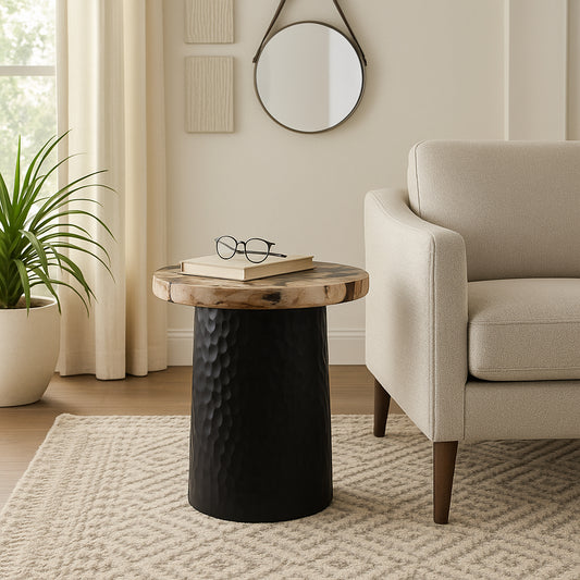 Rustic End Table, Side Table, or Night Stand for Home Decor - Metal Bedside Table with Hammered Cylinder Base and Wood Top for Bedroom or Living Room Decor - Ideal for Small Spaces - 18" Brown & Black