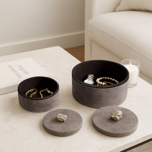 Decorative Boxes with Lid for Home Decor – Unique Round Jewelry Boxes and Keepsake Storage for Accessories – Stylish Home Organizer for Living Room, Bedroom, or Vanity Decor; Set of 2 – 6", 4" Gray