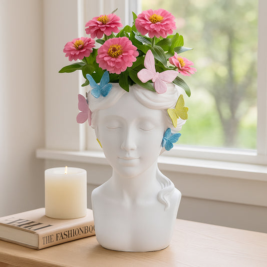 Planter and Flower Pot for Home Decor – Whimsical Plant Pot for Indoor or Outdoor Use with Butterfly and Face Sculpture – Modern Indoor Plant Stand Ideal for Garden and Patio Accent – 11" White