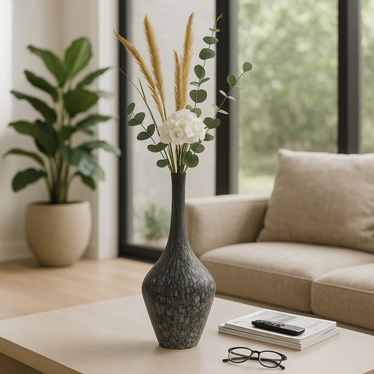 Elegant Patterned Glass Bottle Vase for Living Room Decor - Decorative Home Accent for Flowers, Bedroom, or Office Styling - Contemporary House Vase Perfect for Table Centerpiece - 21" Gray & Black