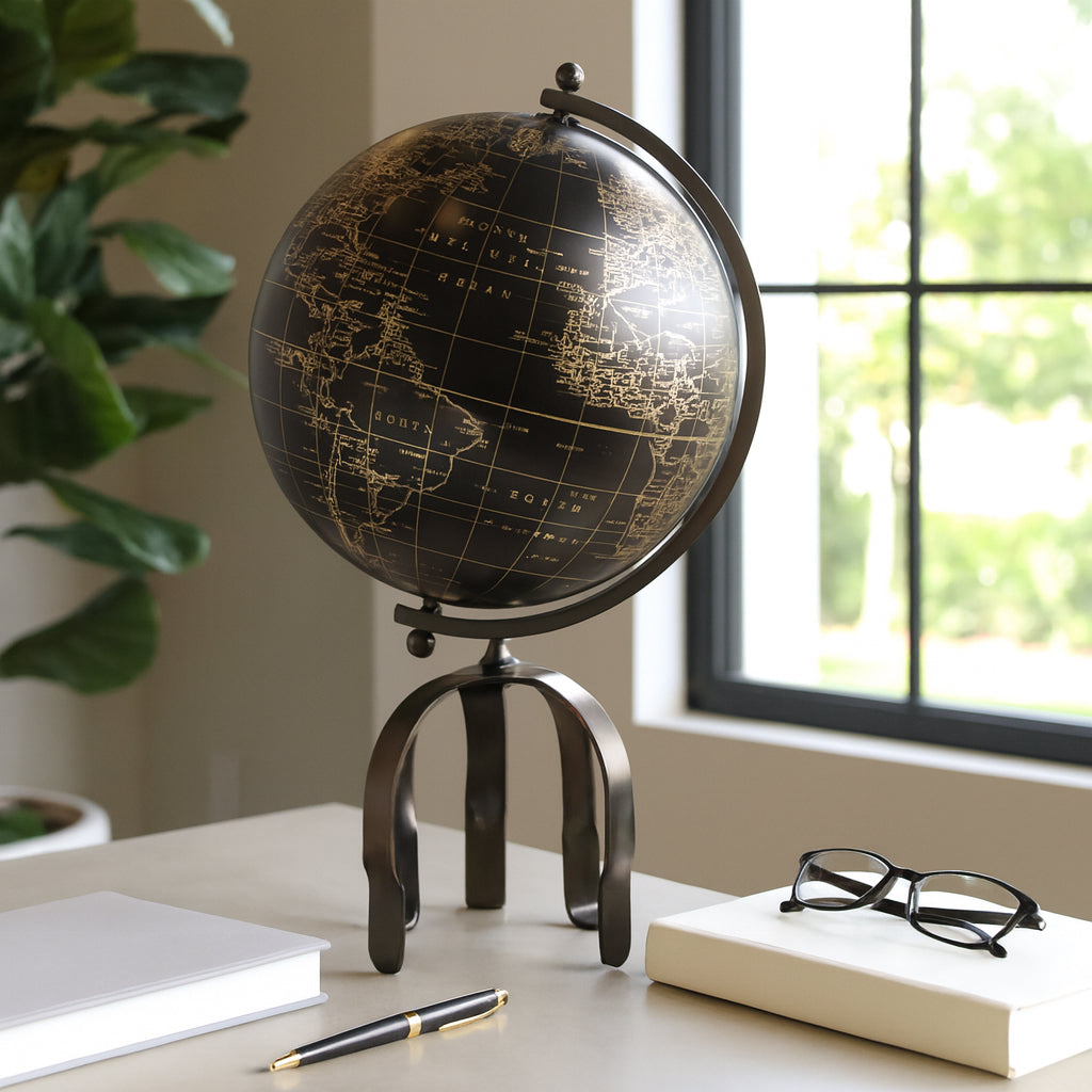 Decorative Statue for Home and Office – Large Globe Sculpture for Bathroom, Living Room, and Shelf Decor – Elegant Ornament for Coffee Table Centerpiece That Inspires Adventure – 22" Black & Gold