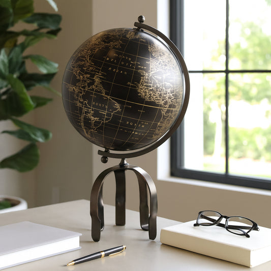 Decorative Statue for Home and Office – Large Globe Sculpture for Bathroom, Living Room, and Shelf Decor – Elegant Ornament for Coffee Table Centerpiece That Inspires Adventure – 22" Black & Gold
