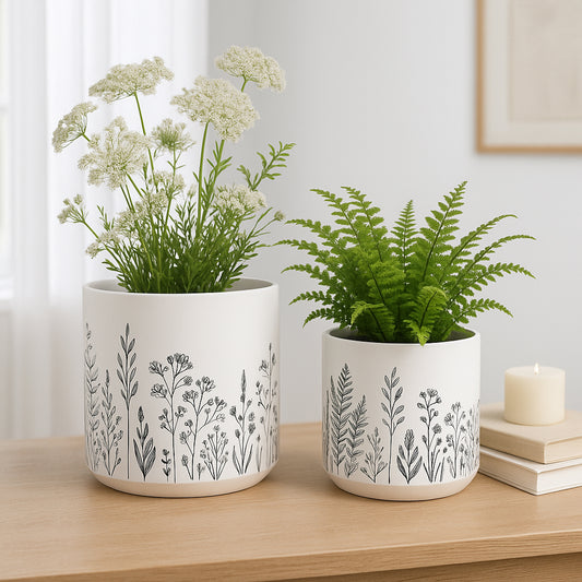 Home Decor Planters and Flower Pots – Planters for Indoor and Outdoor Decor with Wildflowers Design – Contemporary Plant Stand That Elevate Patio, Garden, and Room Decor Set of 2 – 8", 6" White & Navy