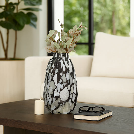 Contemporary Glass Vase with Abstract Pattern for Living Room Decor - Stylish Flower Vase Accent for Home, Bedroom, or Office - Decorative Table Centerpiece for House Decor - 20" Gray & Black