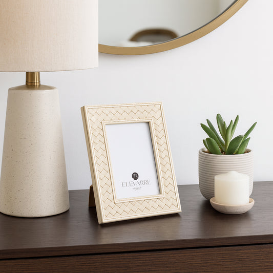 Photo Frame for Tabletop – Picture Frame with Basketweave Design for Family Portraits and Travel Photos – Elegant Wood and Glass Decorative Frame for Living Room, Bedroom, or Office Decor – 10" Ivory