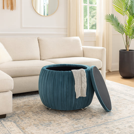 Home Decor Vanity Chair – Stylish Pink Ottoman with Storage – Bedroom Stool and Foot Rest Ottoman – Upholstered Seat with Hidden Storage for Modern or Classic Décor Living Room Furniture – 18", Blue