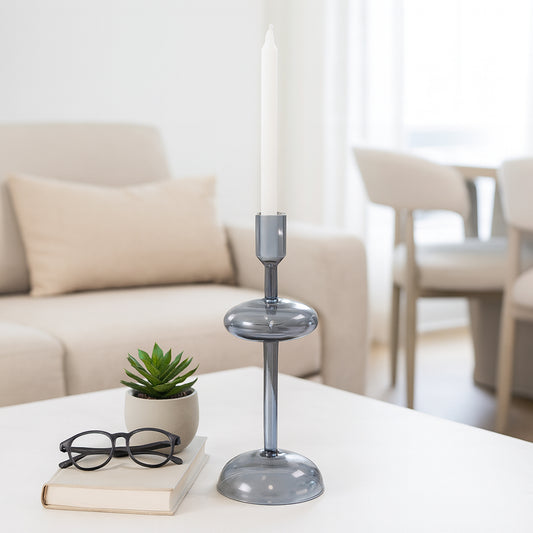 Decorative Candle Holder for Taper Candles – Modern Glass Candlestick Holder with Disc and Sphere Design for Table Decor – Pair with Gold Centerpieces for Tables and Living Room Decor  – 10" Blue