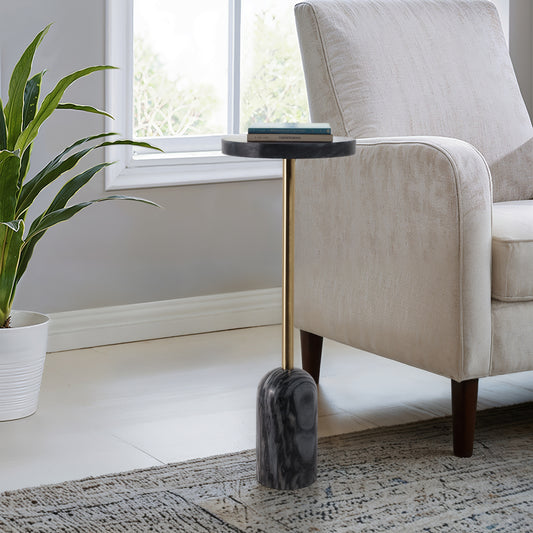 Home Decor End Table, Side Table, or Small Night Stand - Slim Bedside Table with Marble Pedestal for Office, Bedroom, or Living Room - Minimalist Modern Accent Table for Small Spaces - 27" Gray & Gold