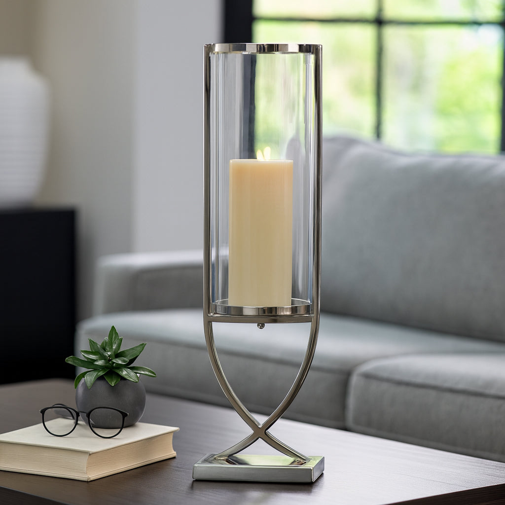 Contemporary Metal and Glass Hurricane Candle Holder - Decorative Pillar Candlestick Holder for Table Centerpiece - Elegant Home Decor Accents for Any Special Occasion Decoration - 31" Silver