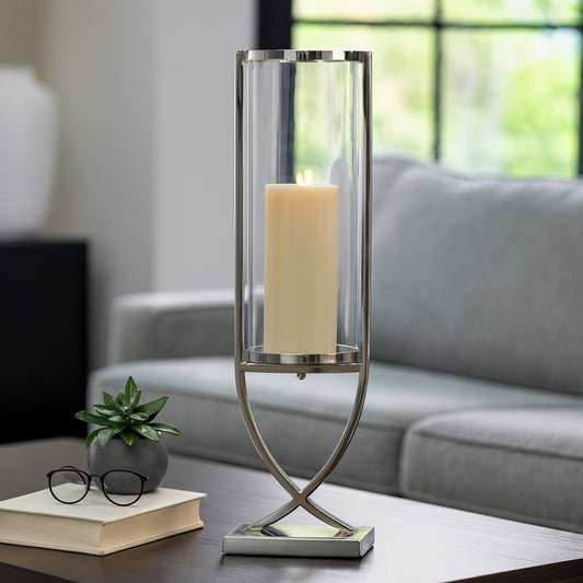 Contemporary Metal and Glass Hurricane Candle Holder - Decorative Pillar Candlestick Holder for Table Centerpiece - Elegant Home Decor Accents for Any Special Occasion Decoration - 31" Silver