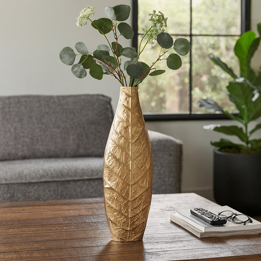 Decorative Metal Leaf Vase for Living Room Decor - Elegant Flower Vase for Bedroom, Entryway, and House - Contemporary Home Decor Accent for Office Styling and Tabletop Centerpiece Decor - 24" Gold