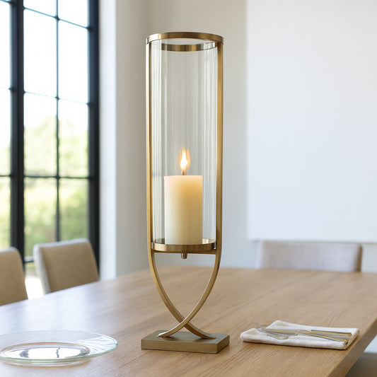 Contemporary Metal and Glass Hurricane Candle Holder - Decorative Pillar Candlestick Holder for Table Centerpiece - Elegant Home Decor Accents for Any Special Occasion Decoration - 31" Gold