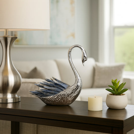 Home and Office Decorative Statue – Elegant Metal Swan Sculpture with Crystal Feather for Living Room, Bathroom, or Coffee Table Decor – Ornament That Adds Serenity to Any Room – 6" Blue & Silver