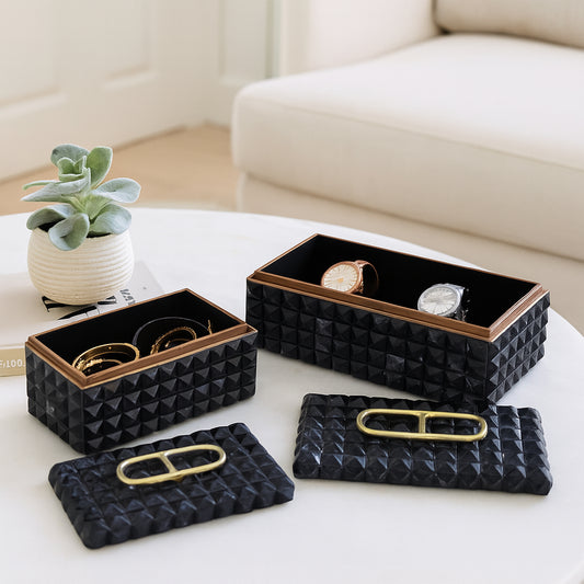 Decorative Jewelry Boxes for Home Decor – Elegant Keepsake and Storage Boxes with Lid – Studded Pattern Home Organizer for Living Room Decor, Bedroom, Office, or Shelf Set of 2 – 6" Gray & Gold