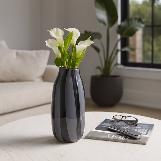 Decorative Glass Vase with Striped Finish for Living Room Decor - Modern Flower Vase for Home, Bedroom, and Office Decor - Elegant Table Centerpiece Accent or Styling for House Decor - 12" Black
