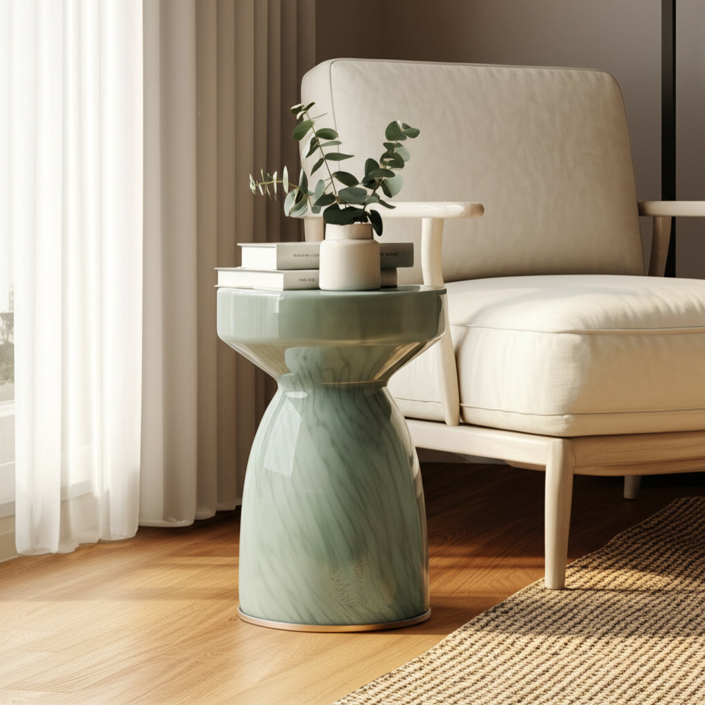 Room Decor Side Table, End Table, or Night Stand - Aesthetic Glass Accent Table with Artistic Patterned Body for Office, Living Room, or Bedroom - Endless Style for Big or Small Spaces - 17" Blue