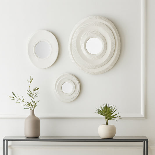Decorative Textured Dimensional Wall Mirrors for Bedroom Decor - Modern Mirrors for Dorm, Bathroom, or Hallway Styling - Chic Accent Mirrors for Living Room or Entryway Set of 3 - 24", 17", 15" White