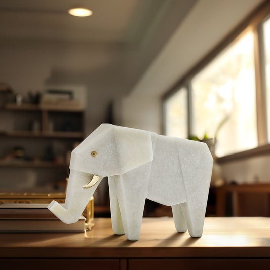 Decorative Object Resin Geometric Elephant Shape Figurine for Home Office Bedroom Living Room Shelf Tabletop Decor - 7" White