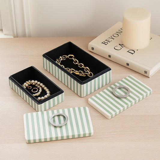 Modern Decorative Boxes with Lid for Home Decor – Striped Keepsake Boxes with Silver Handles – Jewelry Storage Boxes and Home Organizer Perfect for House Accent Set of 2 – 5", 4" Green & White