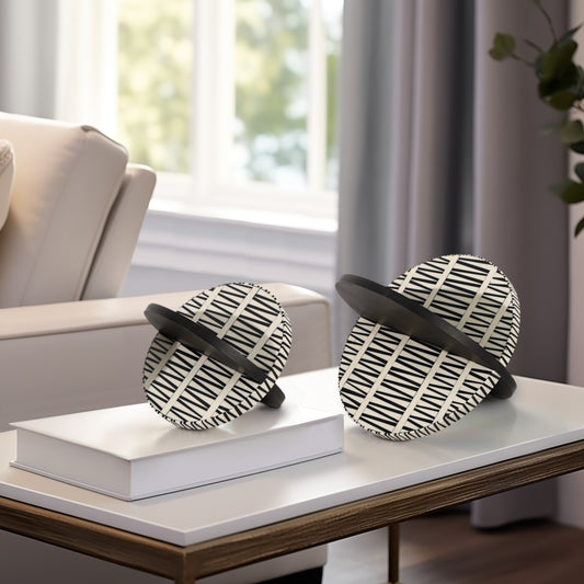 Decorative Object Wood/Resin Interlocking Geometric Design Home Office Living Room Bedroom Decor Set of 2 - 10", 7" Black & White