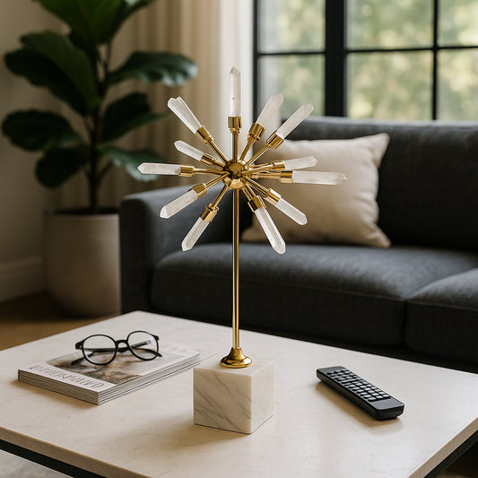 Decorative Crystal Starburst Statue with Base for Home Decor - Stylish Sculpture Accent for Office, Shelf, and Living Room - Modern Ornaments for Bathroom or Coffee Table Decor - 16" Clear & Gold