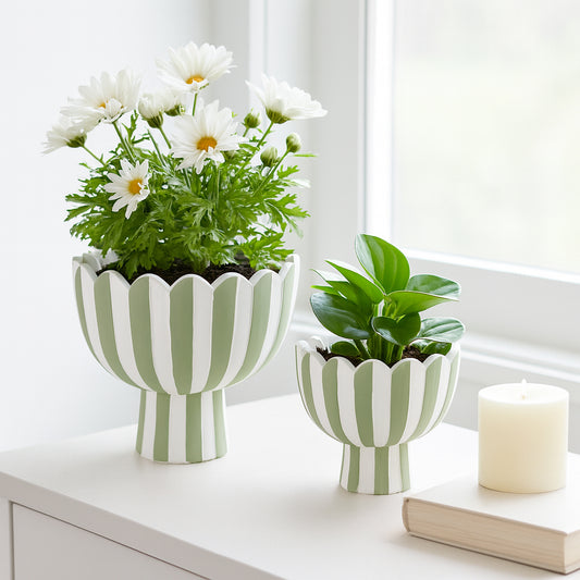 Striped Flower Pots and Planters for Home Decor – Modern Indoor or Outdoor Pots for Plants Perfect for Orchids, Herbs, or Ferns – Chic Pots for Indoor Plant Stand; Set of 2 – 8", 6" Green & White