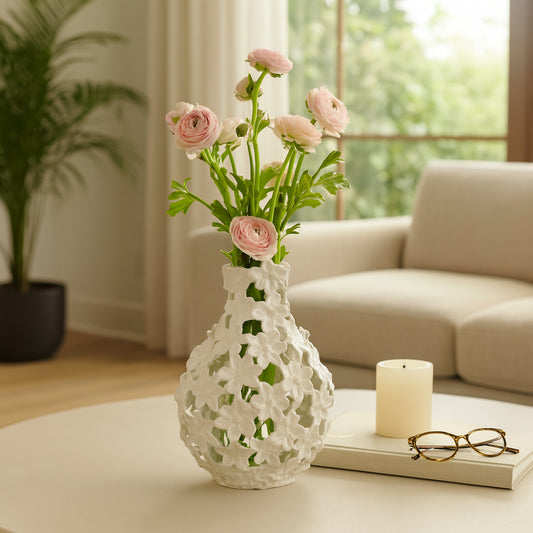 Flower Vase for Living Room Decor – Sleek Metal Vase with Intricate Sculpted Floral Pattern Ideal for Home and Office Decor – A Vase That Blooms All Year for Your Bedroom, Table, and Shelf – 15" Ivory