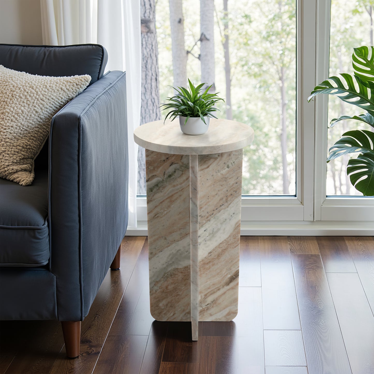 Room Decor End Table, Side Table, or Small Night Stand - Unique Marble Bedside Table with Intersecting Slab Base for Office, Living Room, or Bedroom Decor - Perfect Accent for Small Spaces - 22" Brown
