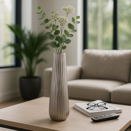 Contemporary Metal Vase for Living Room Decor - Tall Decorative Home Decor Accent for Bedroom, Office, and Table Styling - Stylish Sculptural Flower Vase for House Decor Accessory - 23" Silver