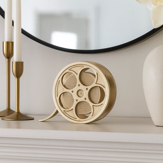 Decorative Sculpture for Home Decor – Vintage Film Reel Ornament for Shelf Styling, Coffee Table Display, or Office Desk Accent – A Statue That Adds Cinematic Charm To Your Living Room – 7" Champagne