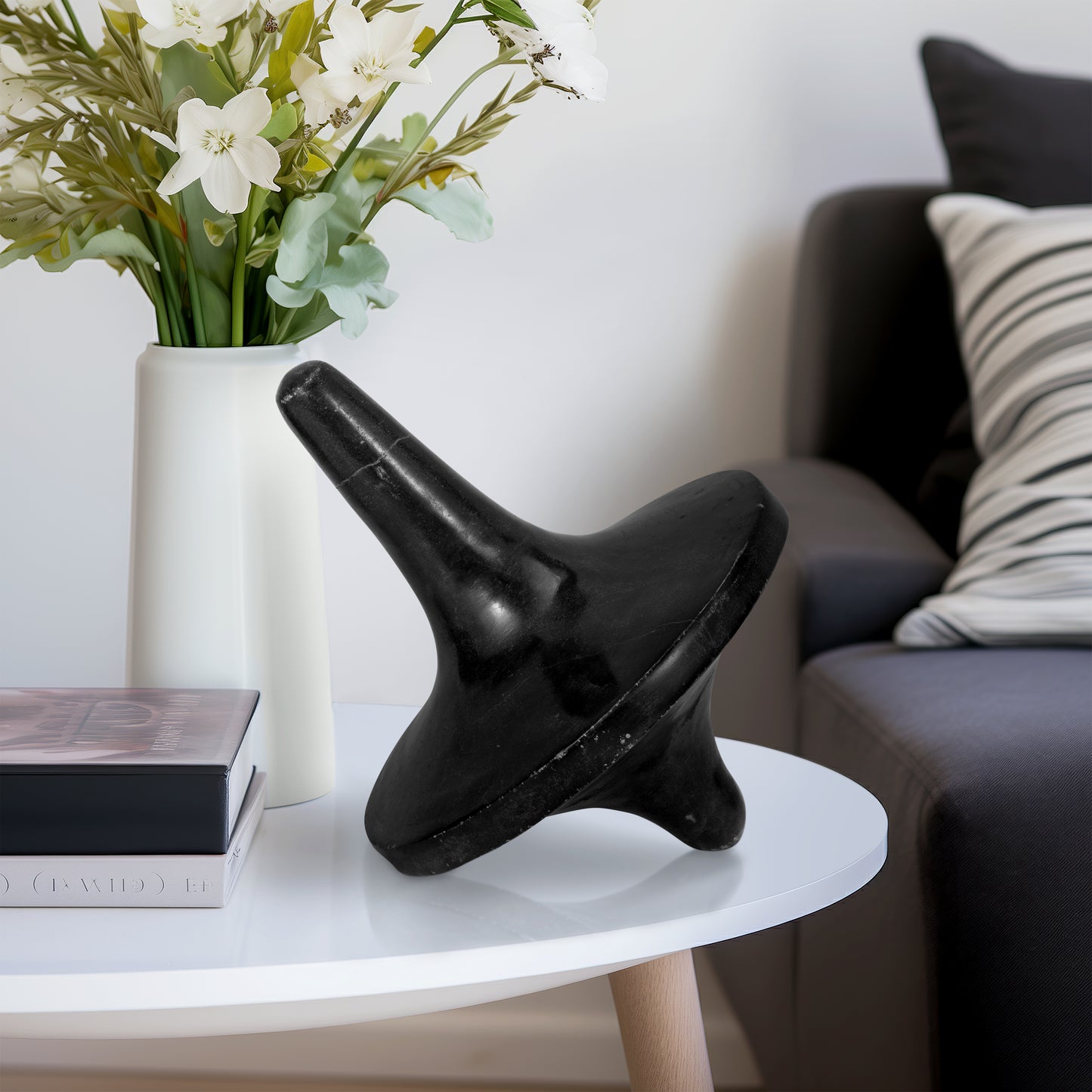 Marble Decorative Object Modern Spinning Top Design Stone Sculpture Accent with Smooth Tapered Silhouette and Transitional Style Touch