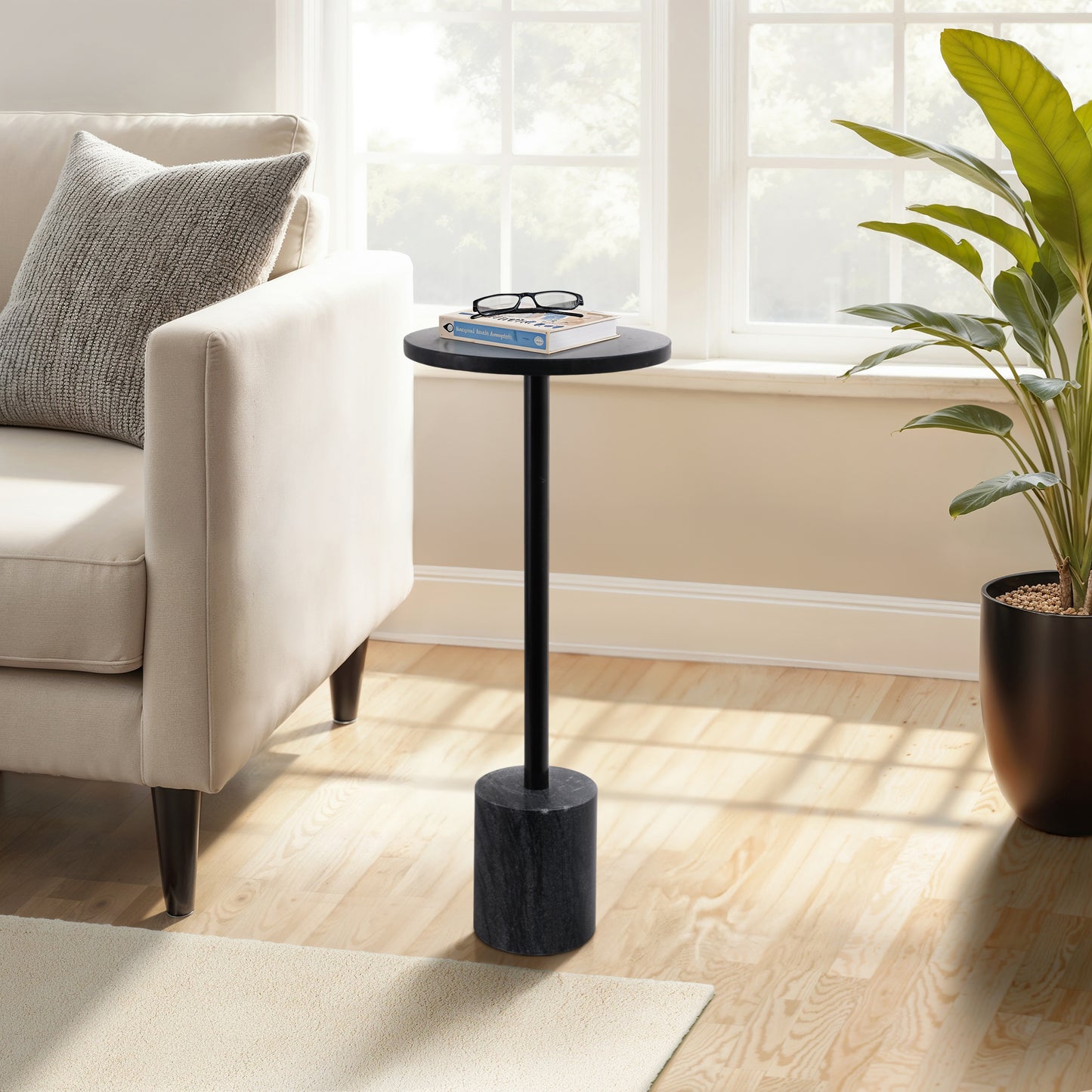 Home Decor End Table, Side Table, or Night Stand - Elegant Slim Metal Accent Table with Marble Top and Base for Bedroom or Living Room - Minimal Design Perfect for Big and Small Spaces - 24" Black