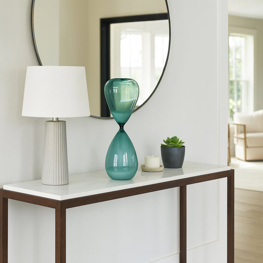 Home and Office Decorative Statue – Minimalist Tall Hourglass Ornament with Flowing Sand for Living Room, Bathroom, or Coffee Table – Modern Sculpture That Brings Balance to Any Room –17" Blue & Green