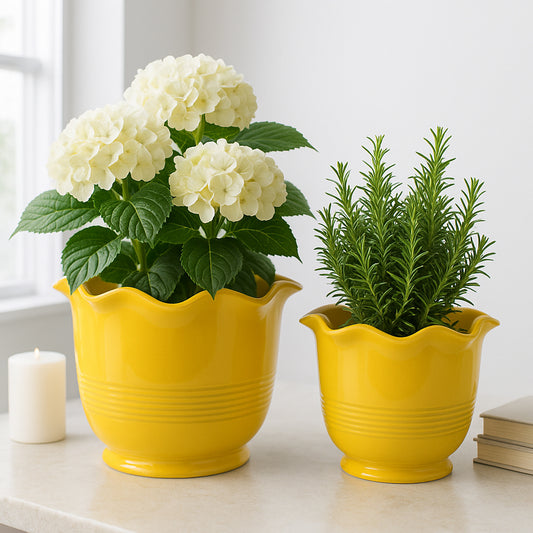 Elegant Planters and Flower Pots for Home Decor – Ceramic Plant Pots for Indoor and Outdoor Use – Pots for Plant Stands Ideal for Garden, Patio, and Room Decor Set of 2 – 7", 5" Yellow