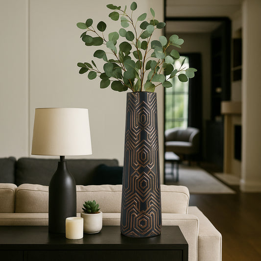 Decorative Oversized Geometric Vase for Living Room Decor - Elegant Tall Flower Vase for Bedroom Styling or House Decor - Contemporary Home Accent Perfect for Office, Shelf, or Table - 26" Black