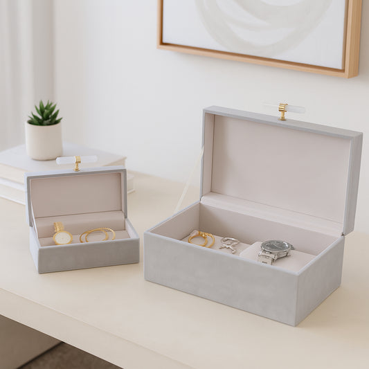 Elegant Suede Decorative Boxes with Stone Hardware Handle - Functional Decor Box with Lid Perfect for Jewelry, Storage, and Keepsake - Decorative Boxes for Home Organizer Decor - Set of 2, 6.5", Gray