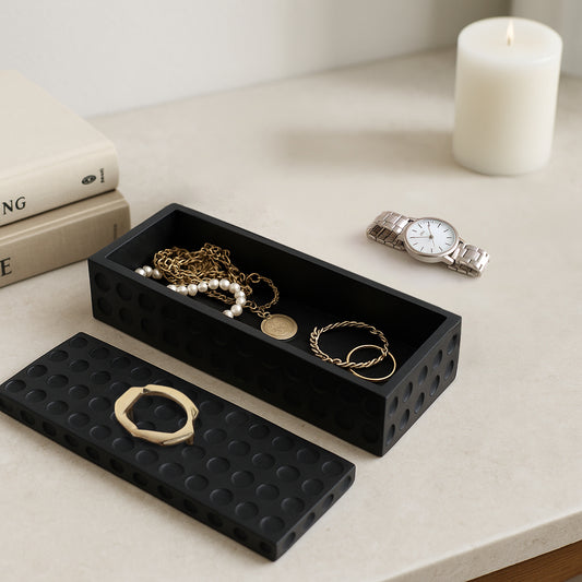 Decorative Box for Home Decor – Beautiful Jewelry and Storage Box with Lid and Metal Handle for Accessories – Sleek Keepsake Box Ideal for Living Room, Bedroom, Bookshelf, or Office Decor – 7" Black