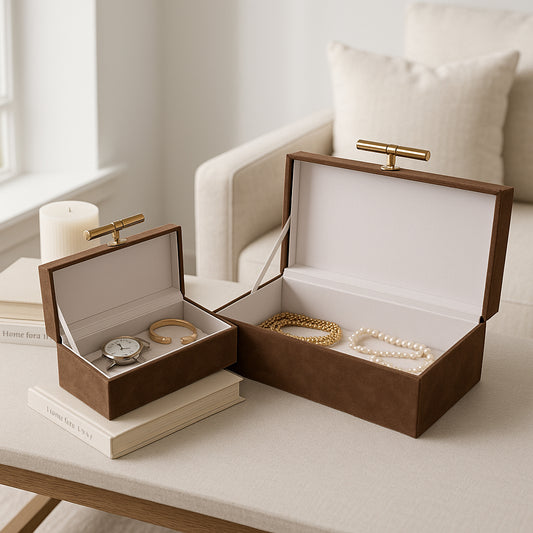 Decorative Retangular Suede Boxes with Stone Hardware for Home Decor - Elgant Storage Boxes for Jewelry, Keepsake, or Shelf Decor - Home Organizer Box for Living Room or Office - Set of 2, 6", Brown