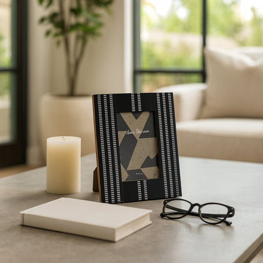 Picture Frame for Tabletop – Photo Frame with Striped Design Perfect for Travel Photos and Entryway Photo Display – Sleek Decorative Frames for Modern Living Room or Bedroom Decor – 9" Black & Ivory