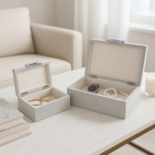 Decorative Box with Lid for Home Decor – Storage Boxes and Home Organizer for Keepsakes and Accessories – Jewelry Boxes Ideal for Living Room, Shelf, or Office Decor; Set of 2 – 5", 4" White & Blue