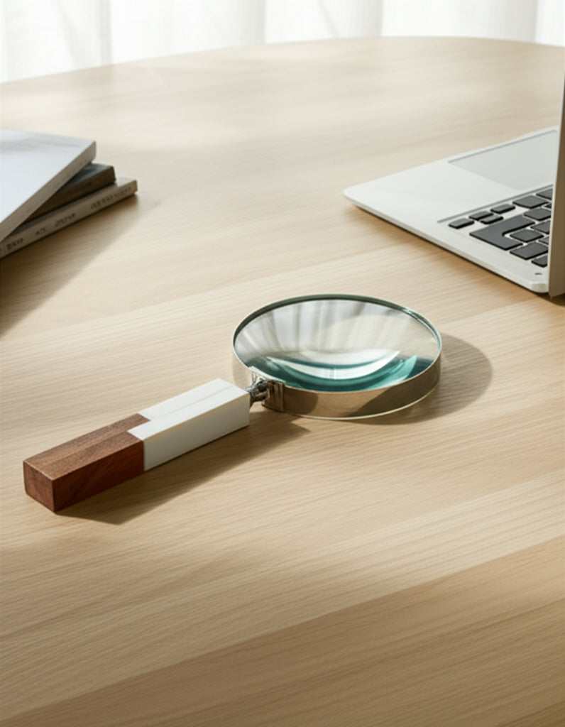 Decorative Object Resin Glass Wood Magnifying Accent for Home Office Bedroom Living Room - 10" White, Brown, Silver