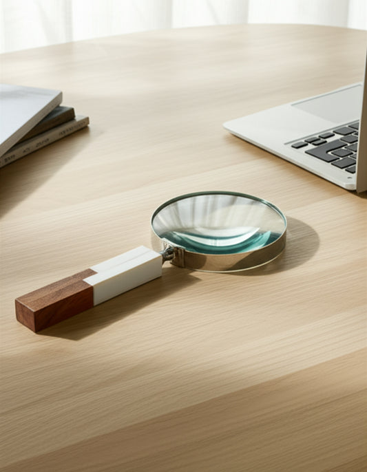 Decorative Object Resin Glass Wood Magnifying Accent for Home Office Bedroom Living Room - 10" White, Brown, Silver