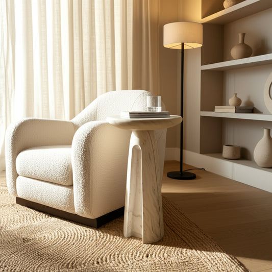 Room Decor End Table, Side Table, or Small Night Stand - Chic Round Marble Accent Table with Artistic Metal Cut-Out Base - Elegant Bedside Table for Office, Bedroom, and Living Room - 27" White & Gold