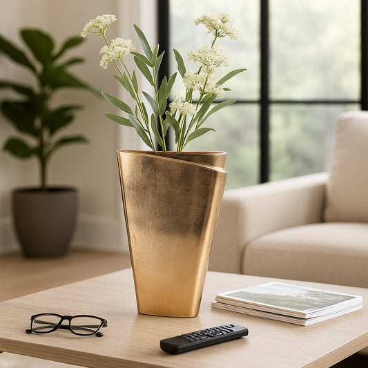 Decorative Metal Asymmetrical Vase for Living Room Decor - Sleek Modern Flower Vase for Home Accent, Office, and Table - Stylish Sculptural House Decor for Bedroom Accessory - 16" Champagne