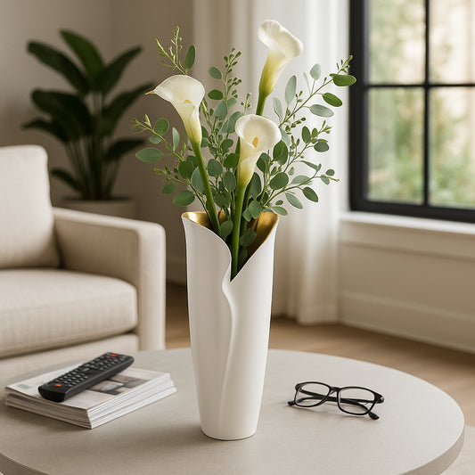 Contemporary Large Sculptural Vase for Living Room Decor - Elegant Home Accent for Office, Table, and Bedroom Styling - Decorative Flower Vase for Entryway, Hallway, or House Decor - 17" White & Gold