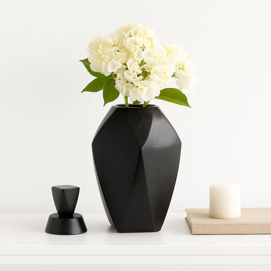 Decorative Sculptural Ceramic Jar with Lid for Living Room Decor - Elegant Home Accent for Bedroom, Office Desk, or Console Table Decor - Versatile Flower Vase for House Decoration - 23" Black